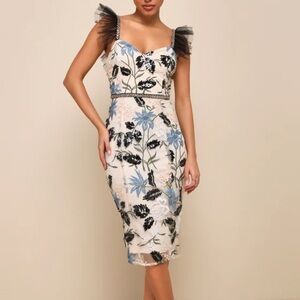 Lulu's Blue and Black Ruffled Bodycon Midi Dress